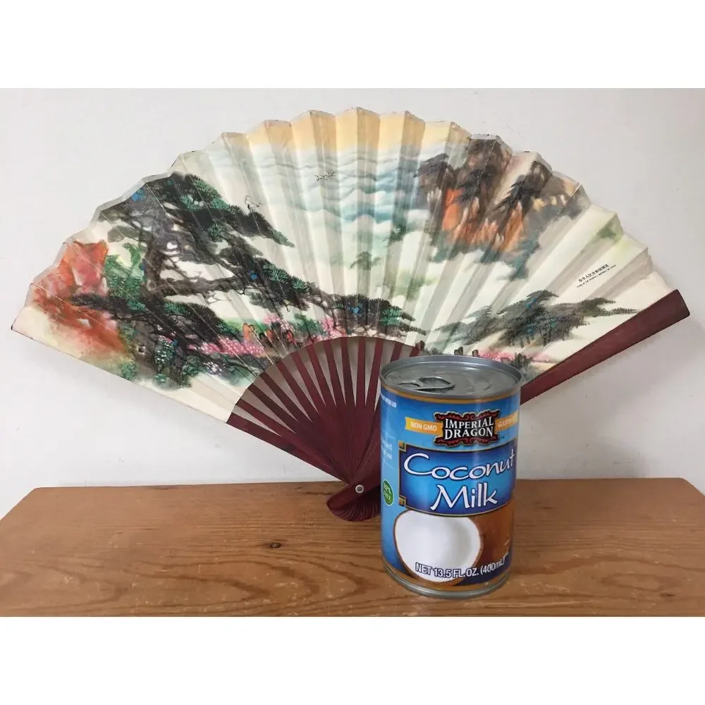 Vintage Peoples Republic China Paper Hand Folding Fan Landscape Clouds Flowers